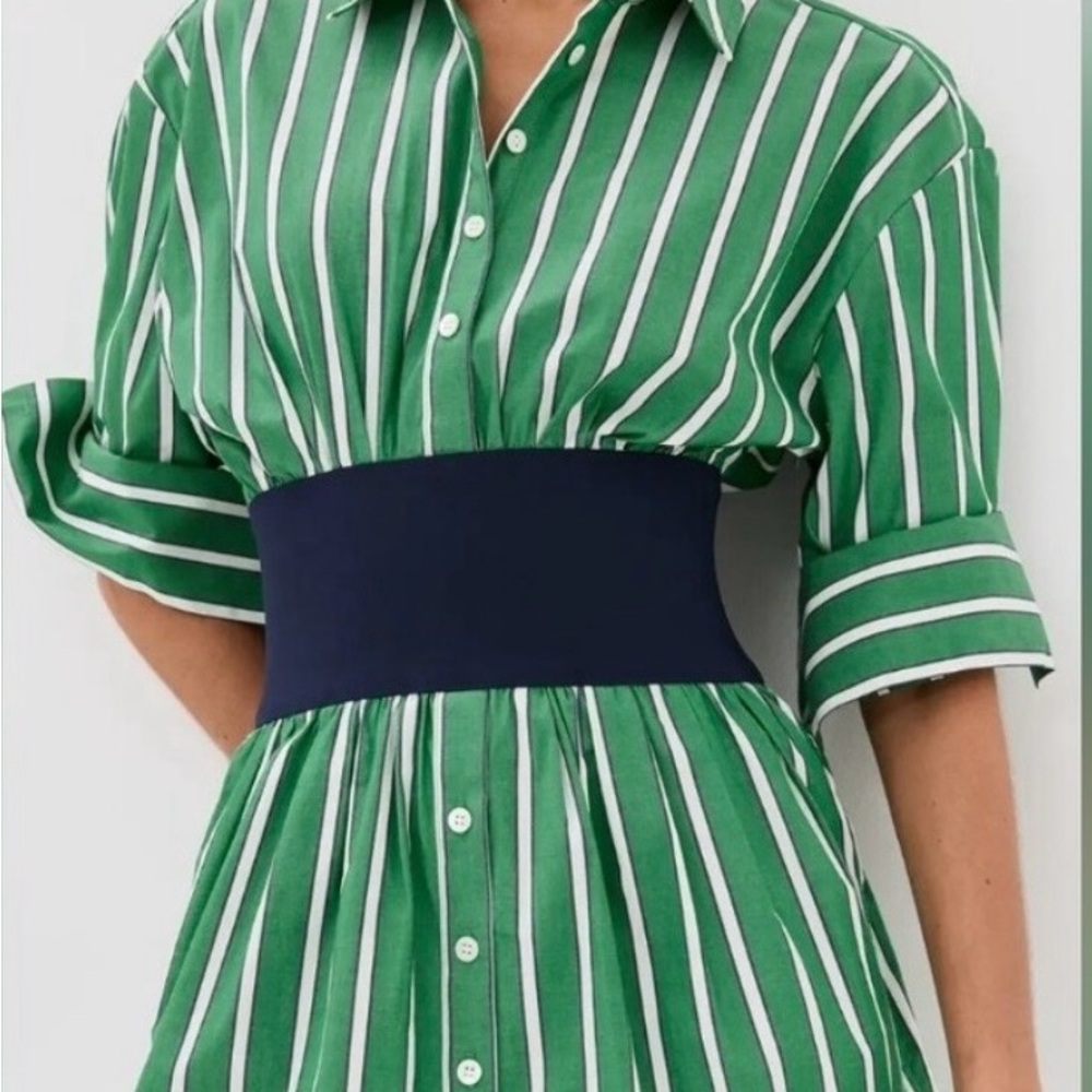 STAUD Michelle Green and White Striped Shirt Dress with Navy Waist Panel